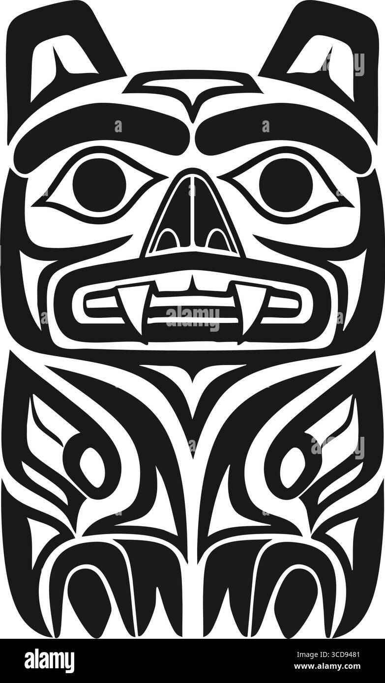 Nordwestliche Indigene Tierkunst Auffällige Schwarzweiß-Darstellung einer traditionellen indianischen Tierfigur, die an ein mächtiges kulturelles Erbe erinnert Stock Vektor