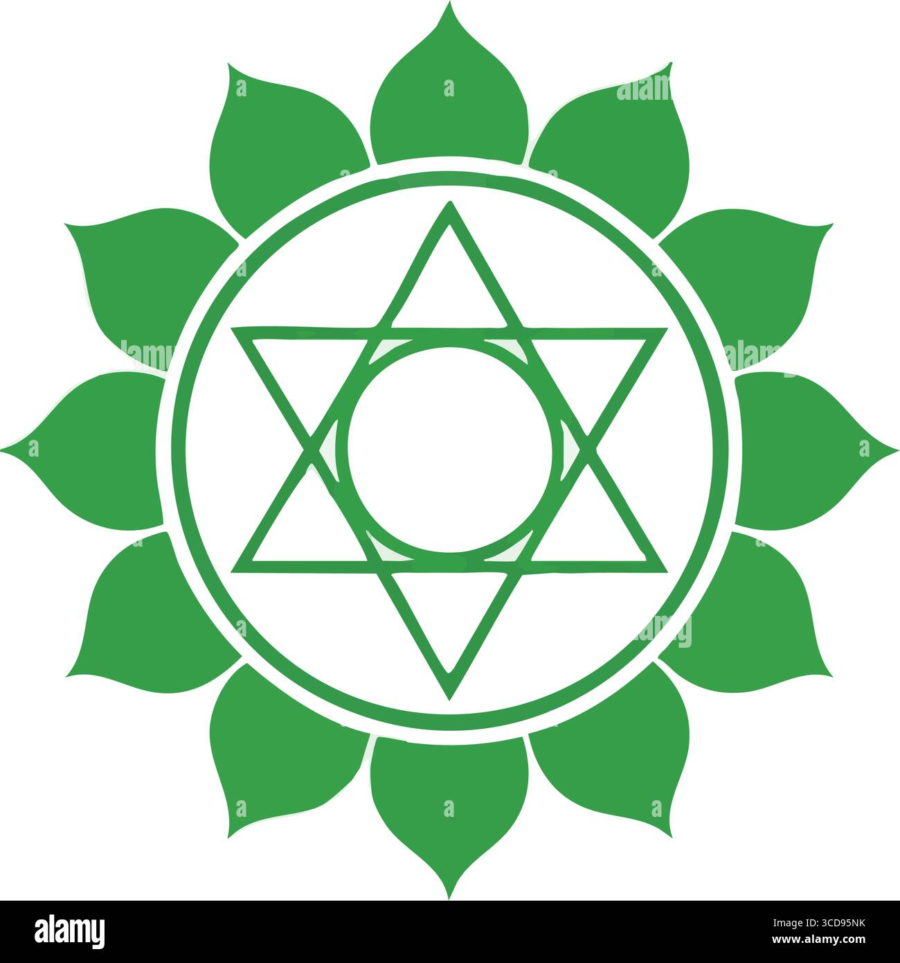 Grünes Anahata Herz Chakra Symbol. Lebendiges Anahata-Chakra-Symbol auf schwarzem Hintergrund. Steht für universale Zuneigung, Gleichgewicht und emotionales Wohlbefinden Stock Vektor
