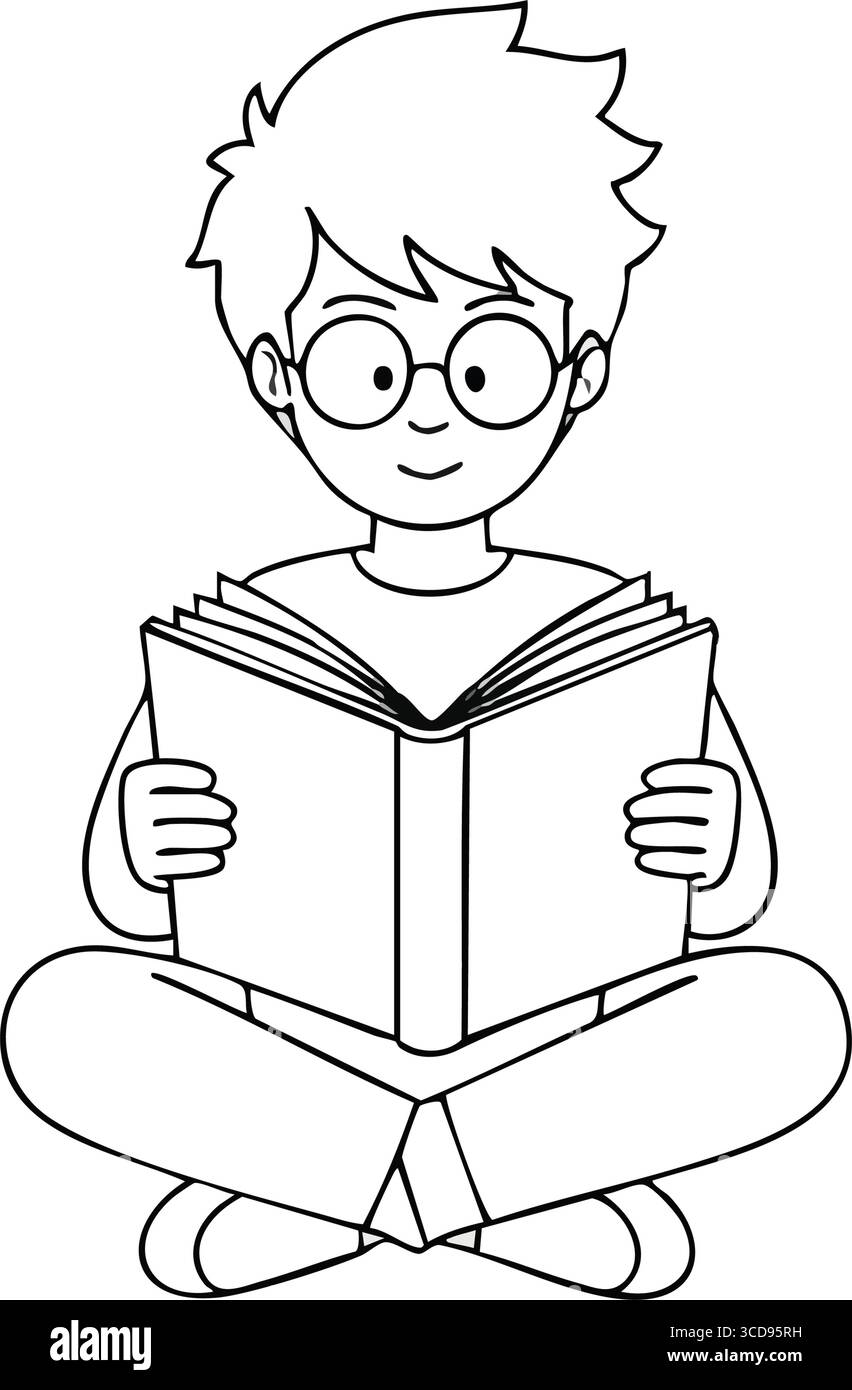 Content Boy beschäftigt sich mit Lesen. Diese minimalistische Strichkunst zeigt ein fröhliches Kind mit einer Brille, die in eine fesselnde Geschichte eingetaucht ist und Bildung symbolisiert. Stock Vektor