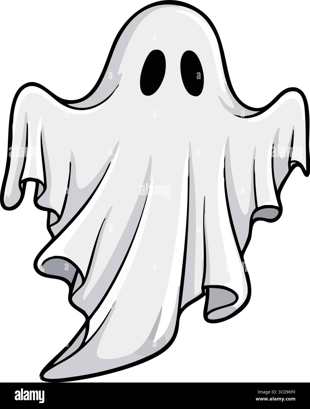 Freundliche Zeichentrickfigur Ghost Illustration. Bezaubernde weiße Phantom-Illustration mit dunklen Augen, perfekt für Halloween-Feiern, Trick-or-Treat-Events, oder Stock Vektor