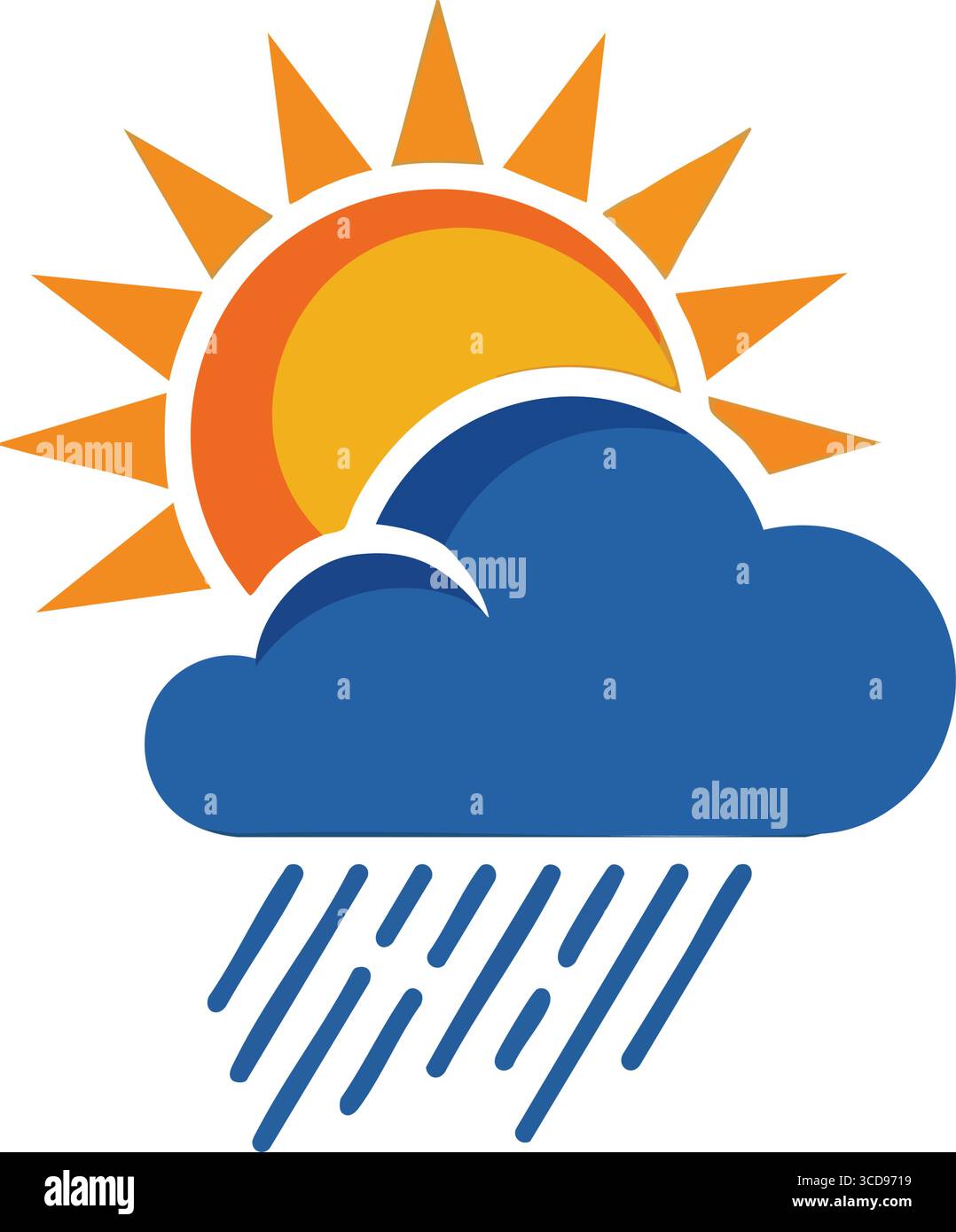 Teilweise sonnig mit Regensymbol. Lebendige Illustration dynamischer atmosphärischer Bedingungen mit einer brillanten goldenen Kugel, die teilweise von einem dunklen Clo verdeckt wird Stock Vektor