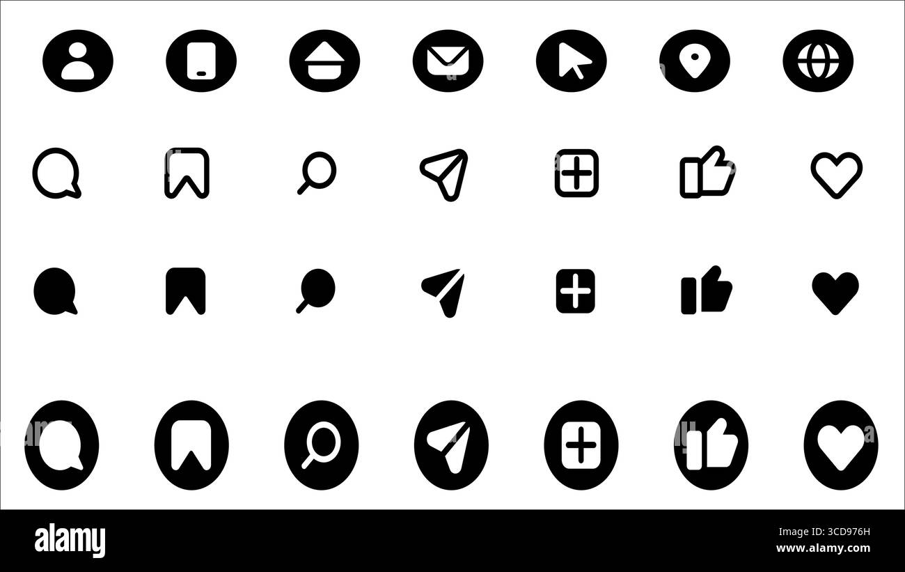 „Symbolsatz für soziale Medien und Webschnittstelle – Schwarze Benutzer-, Nachrichten-, Such-, Like- und Herzsymbole“ Stock Vektor