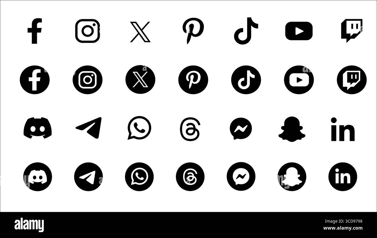 „Social Media Icons Set 2024 – Facebook, Instagram, X, Pinterest, TikTok, YouTube, WhatsApp, LinkedIn, Snapchat, Telegramm, Discord, Threads, Messenger Stock Vektor