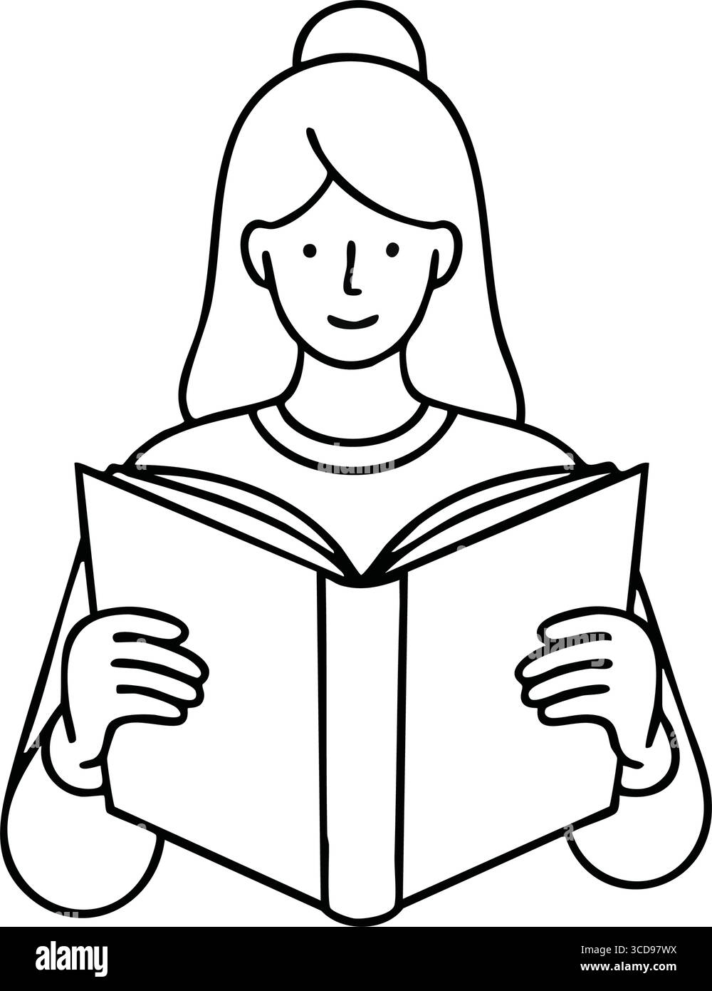 Fröhlicher Leser, der in das Buch eingetaucht ist. Monochrome Grafik eines begeisterten Gelehrten, der einen Text erforscht. Es repräsentiert die tiefe Freude, Weisheit zu erlangen und Stock Vektor