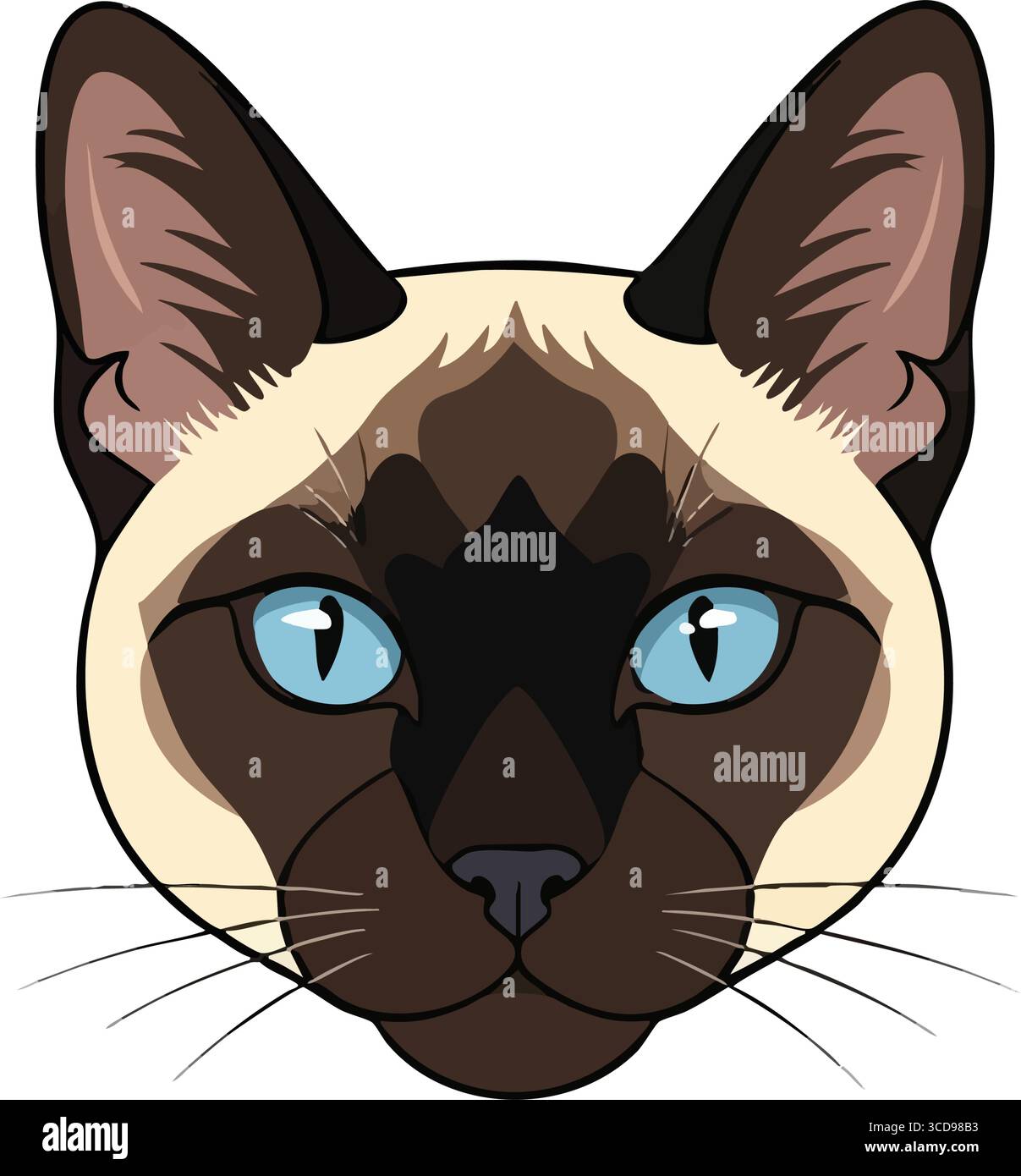 Illustration Des Siamkatzengesichts. Fesselnde orientalische Katze mit markanten azurblauen Augen. Dieses elegante digitale Kunstwerk hebt die einzigartigen Markierungen eines hervor Stock Vektor