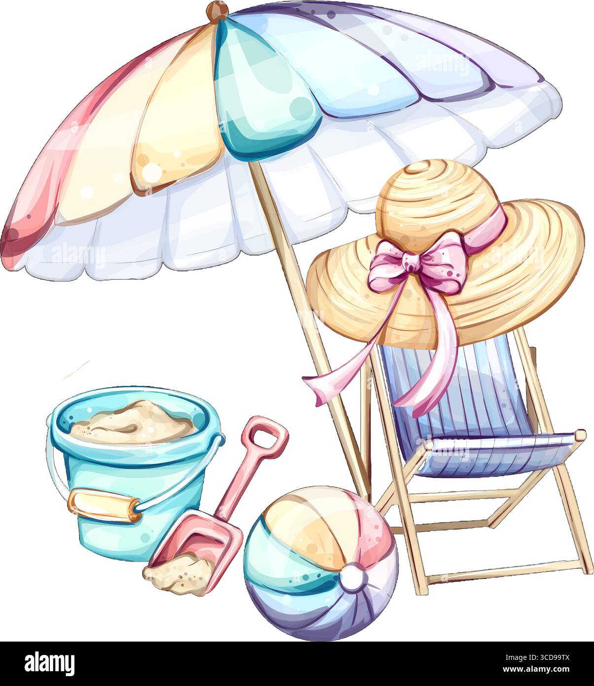 Entspannende Sommeratmosphäre am Strand mit farbenfrohem Sonnenschirm, stilvollem Sonnenhut, Liegestühlen und verspielten Accessoires für einen perfekten Urlaub am Meer Stock Vektor