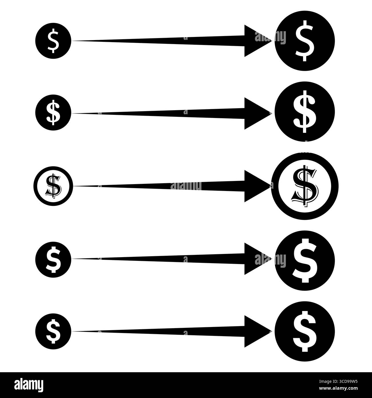 Horizontaler Pfeilfluss. Dollargeldsymbole. Infografik zur Vektorfinanzierung. Richtung Geschäftserfolg. Stock Vektor