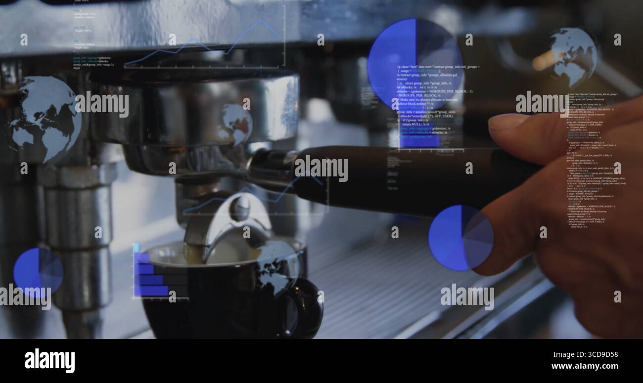Der Portafilter wird an der Kaffeebar in den Espresso-Gruppenkopf eingehängt, um die Aufnahme in einer Tasse mit Datenüberlagerungen zu ermöglichen Stockfoto