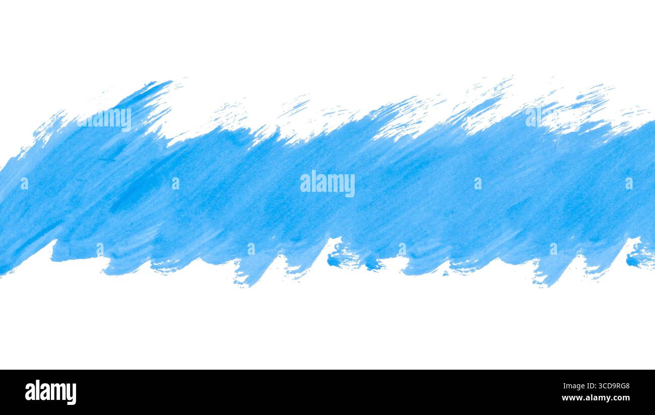 Aquarellhintergrund mit kräftigem horizontalen Pinselstrich, hellblauer Farbe über die Mitte. Textur Pinselstrich dynamische und fließende Wellenbewegung Mo Stockfoto