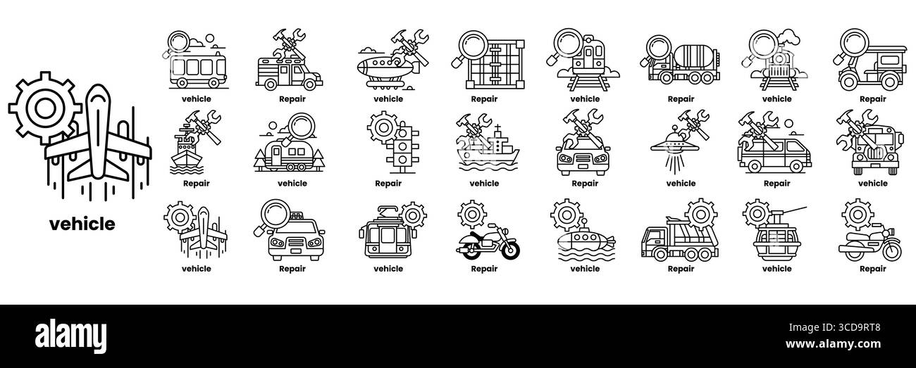 Eine Sammlung von Schwarz-weiß-Symbolen verschiedener Fahrzeuge und Maschinen. Die Symbole sind in einem Raster angeordnet, wobei jedes mit einem Wort gekennzeichnet ist. Szene ist Stock Vektor