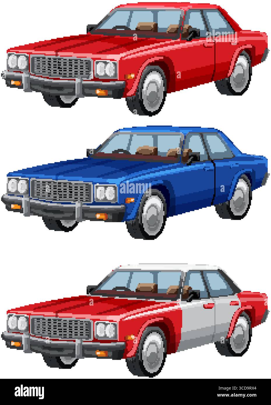 Drei Oldtimer in leuchtenden Farben mit detaillierter Vektorkunst im Retro-Stil und einer klaren Komposition Stock Vektor