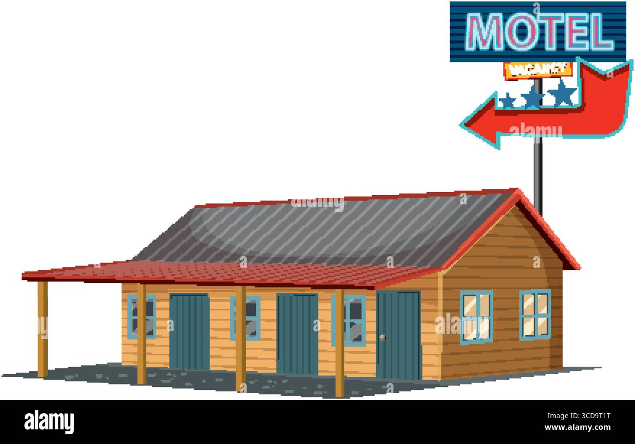 Vektor-Illustration eines klassischen Motels mit einem lebhaften Leerstand-Schild. Mit Holzstruktur, rotem Dach und blauen Türen Stock Vektor