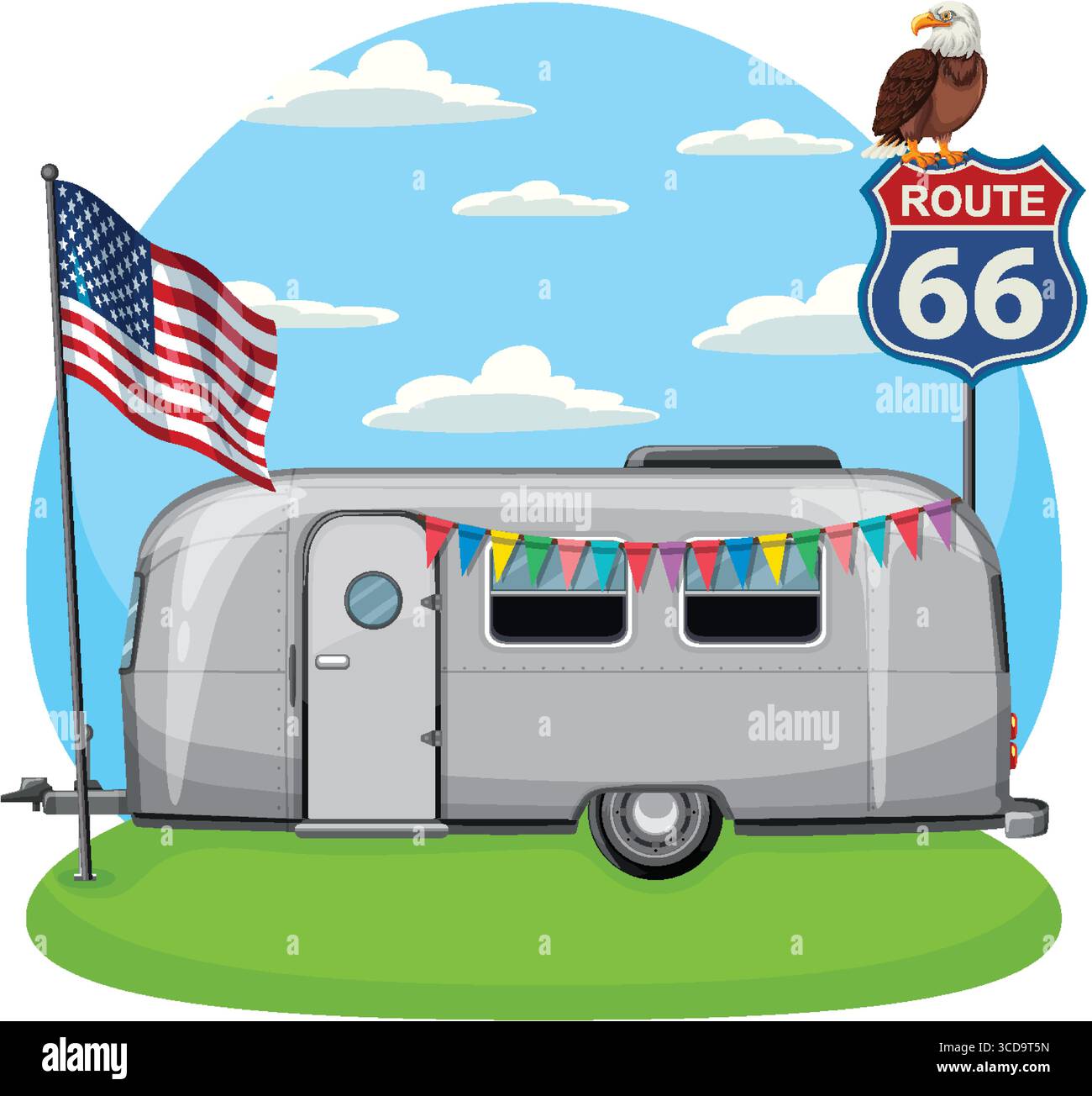 Vektor-Illustration eines silbernen Wohnwagens auf Gras, Route 66 Zeichen, amerikanische Flagge, Adler, festliche Fahne, und blauer Himmel Stock Vektor