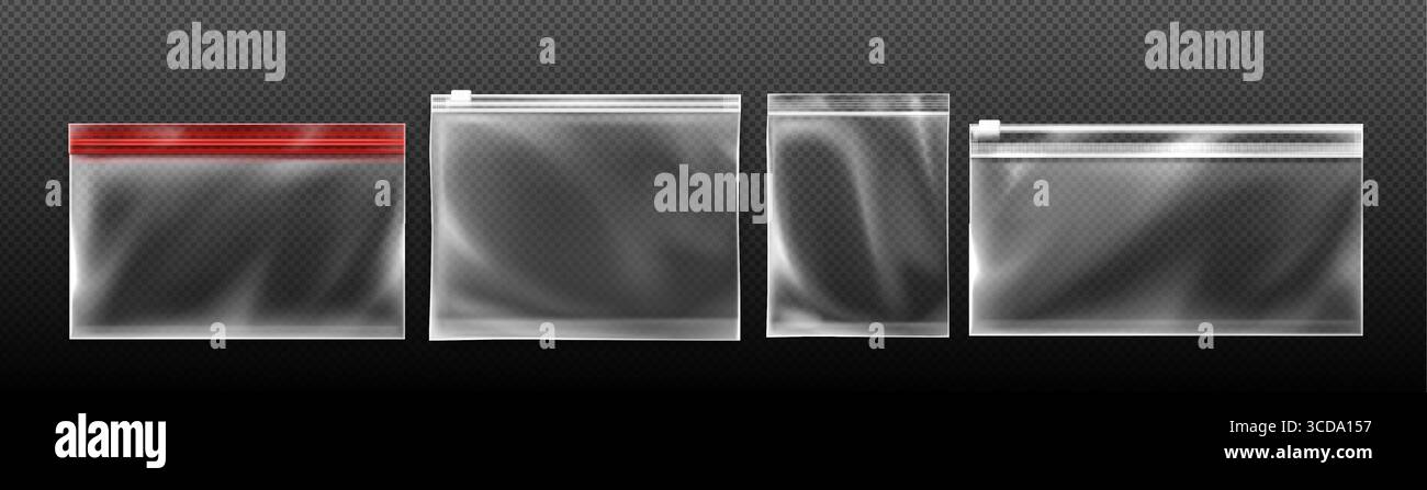 Durchsichtiger Beutel mit Reißverschluss, transparentem Kunststoff und farbigen Dichtungen zur Aufbewahrung. Wiederverschließbare Beutel mit weißen und roten Verschlussstreifen für den Einzelhandel oder Lebensmittelverpackungen. Stock Vektor