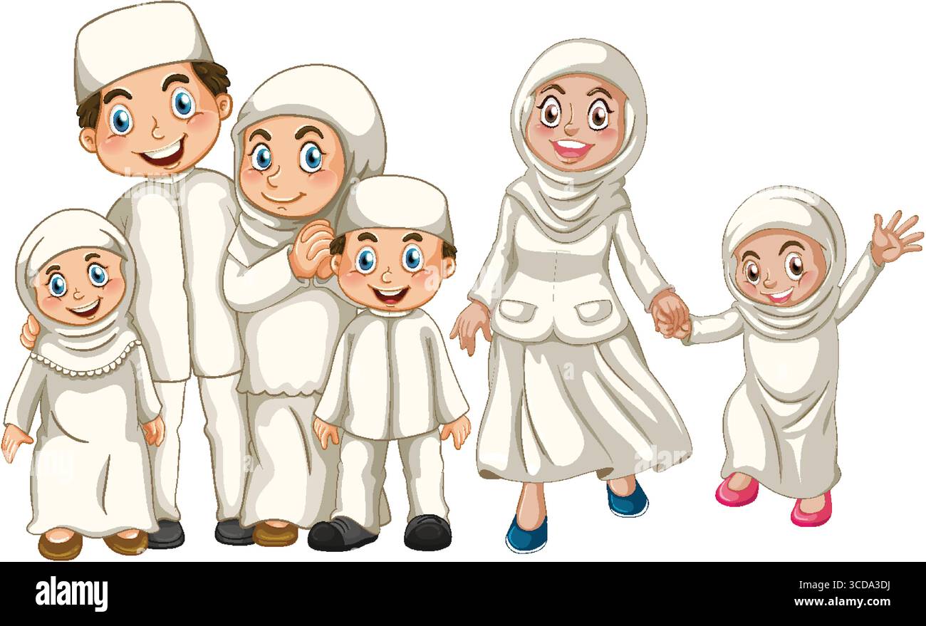 Vektor-Illustration einer vielfältigen muslimischen Familie, einschließlich Erwachsenen und Kindern, in traditioneller weißer Kleidung mit fröhlichen Ausdrücken und einfachen f Stock Vektor