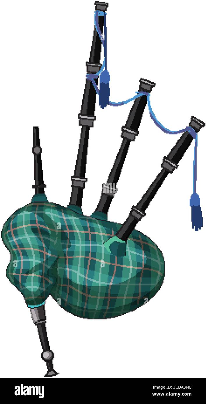 Vektorillustration des klassischen schottischen Dudelsackes mit grünem Schottenbeutel, detaillierten Rohren und blauen dekorativen Kordeln, isoliert auf weißem Hintergrund Stock Vektor