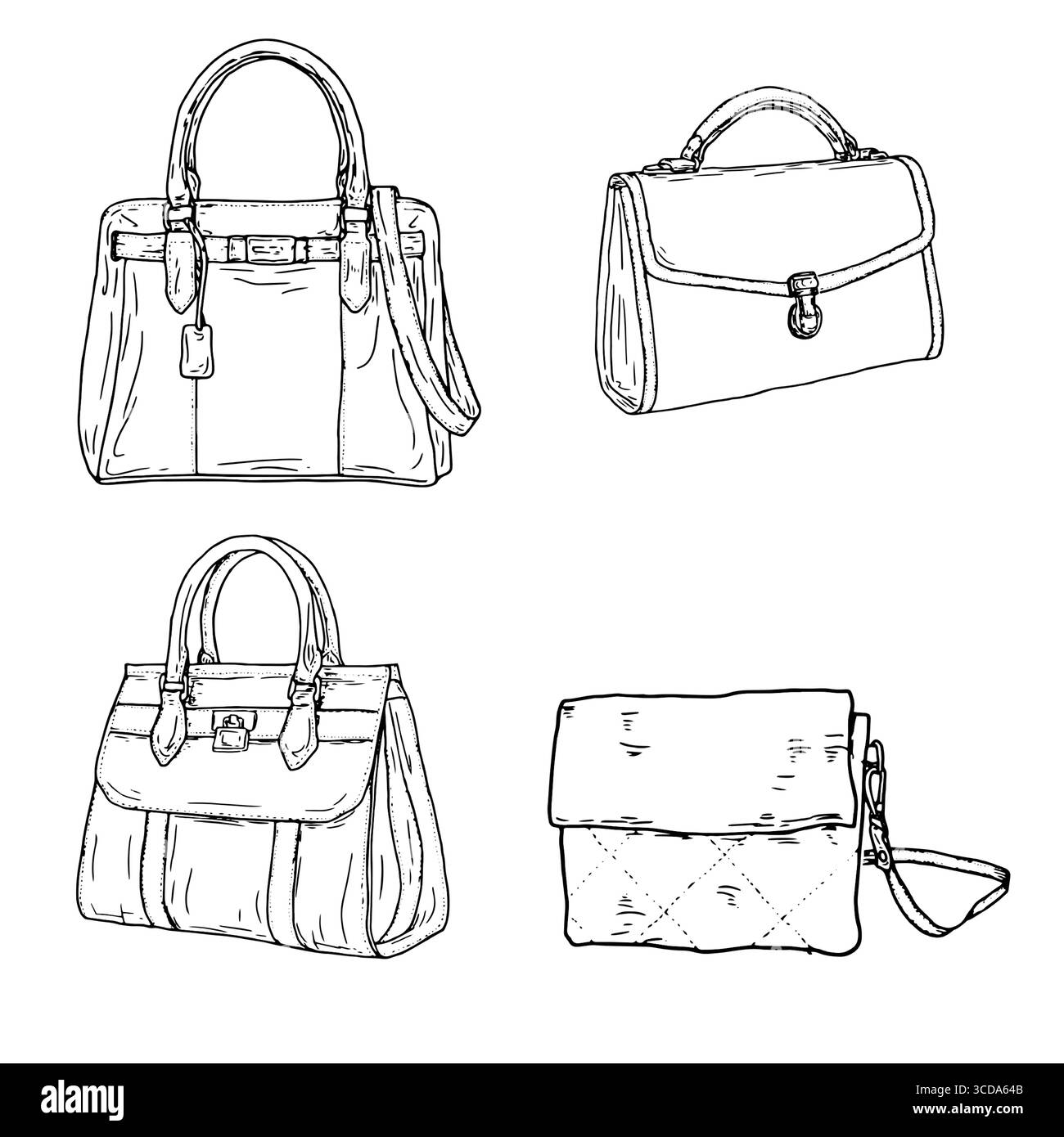 Faltbare Sporttasche, Tragetasche, schwarz-weiße Skizze. Vektorabbildung. Eine Handtasche, eine Clutch, ein Satz Silhouetten isoliert auf einer weißen Ba Stock Vektor