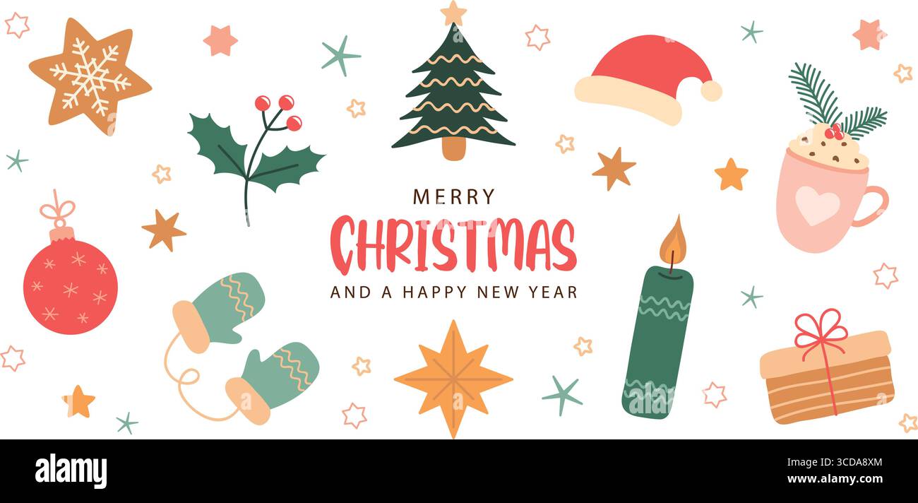 Nette weihnachtsgrußkarte mit Dekoration Winter Elemente isolierte Vektor-Illustration Stock Vektor
