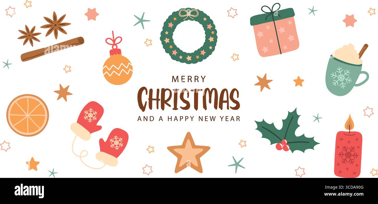 Nette weihnachtsgrußkarte mit Dekoration Winter Elemente isolierte Vektor-Illustration Stock Vektor