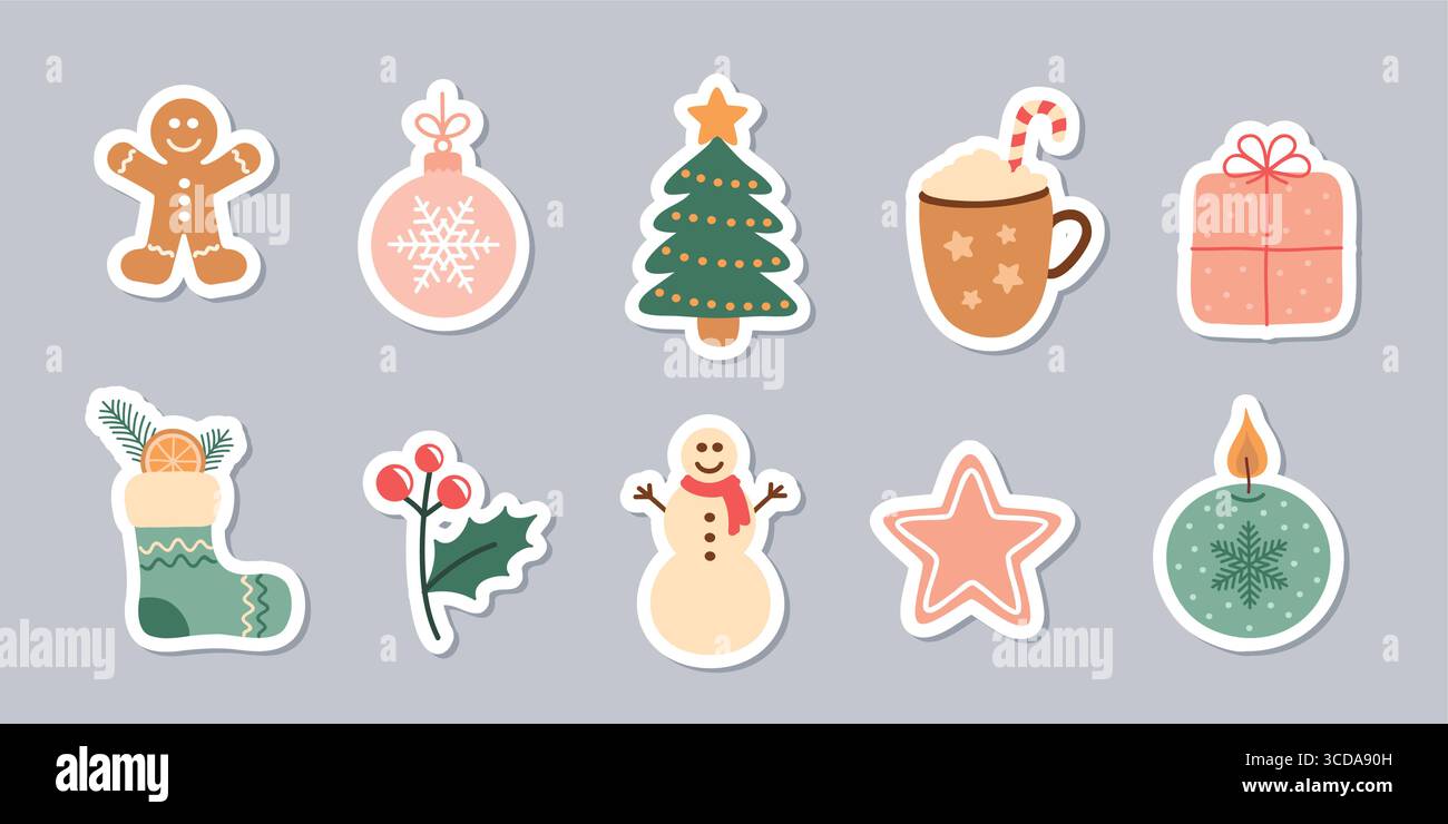 Satz von niedlichen weihnachtsdekoration Aufkleber isolierte Vektor-Illustration Stock Vektor