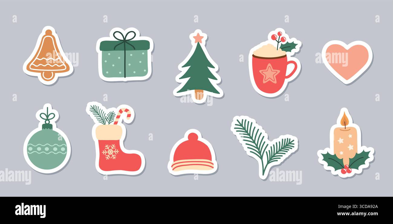 Satz von niedlichen weihnachtsdekoration Aufkleber isolierte Vektor-Illustration Stock Vektor