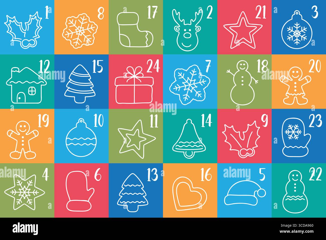 Bunter kindlicher Adventskalender 24 verschiedene Motive Vektor-Illustration Stock Vektor