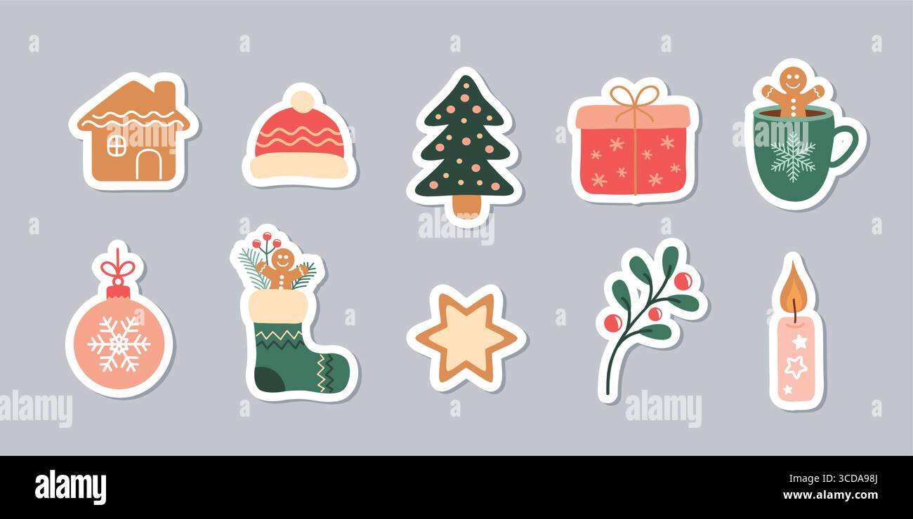 Satz von niedlichen weihnachtsdekoration Aufkleber isolierte Vektor-Illustration Stock Vektor