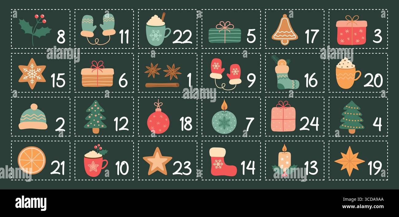 Bunter kindlicher Adventskalender 24 verschiedene Motive Vektor-Illustration Stock Vektor