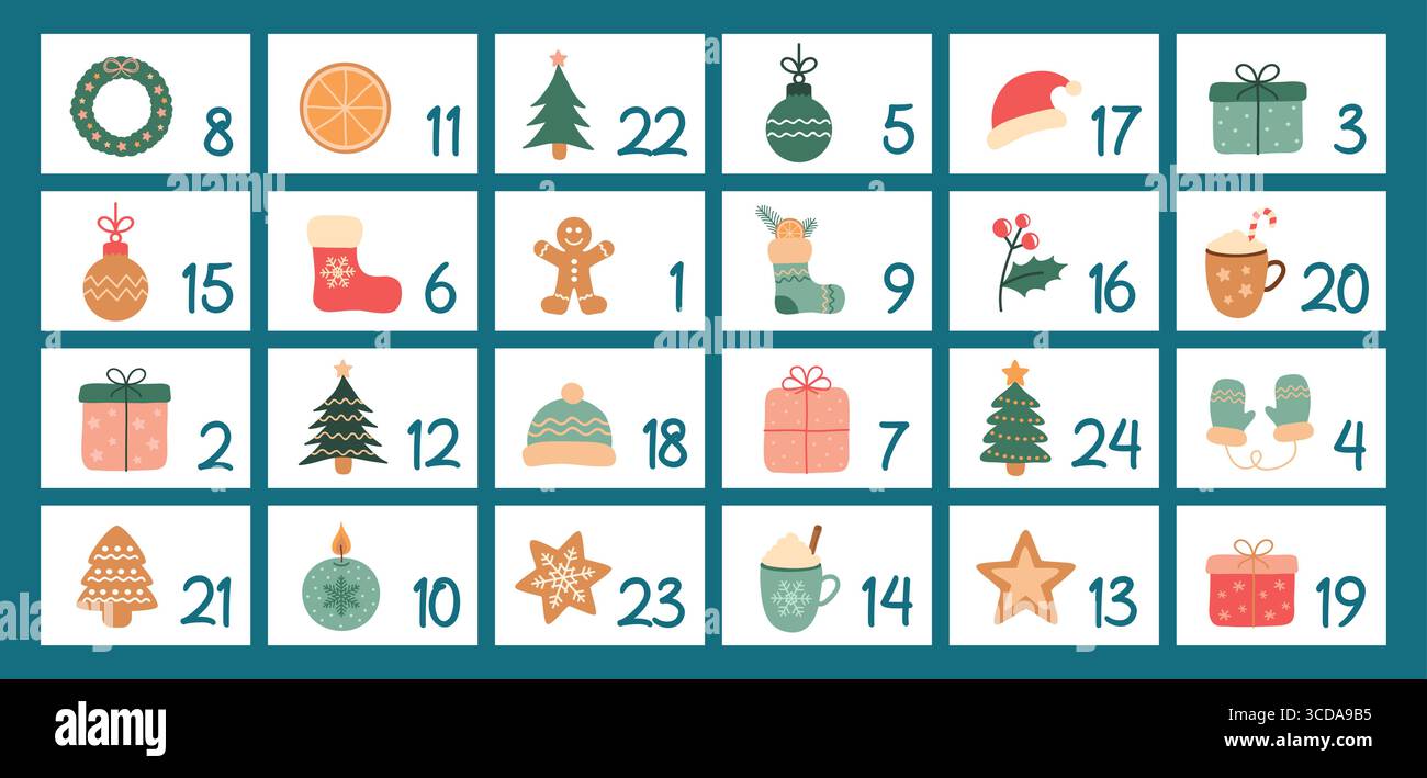 Bunter kindlicher Adventskalender 24 verschiedene Motive Vektor-Illustration Stock Vektor