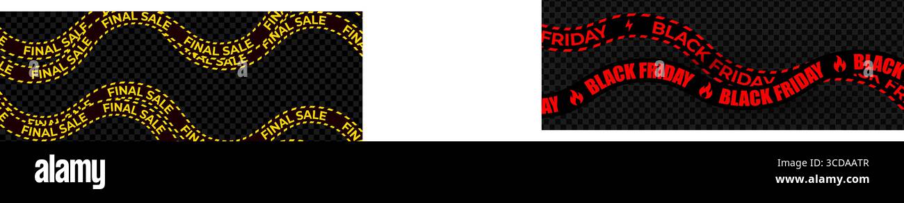 Schwarzes Band mit Warnstreifen am Freitag, Banner für dringende Verkaufsanzeige für Einzelhandelswerbung, Einkaufszone, Promotion-Label, dynamisches Marketing-Design. Kräftige rote Wellenlinie Stock Vektor