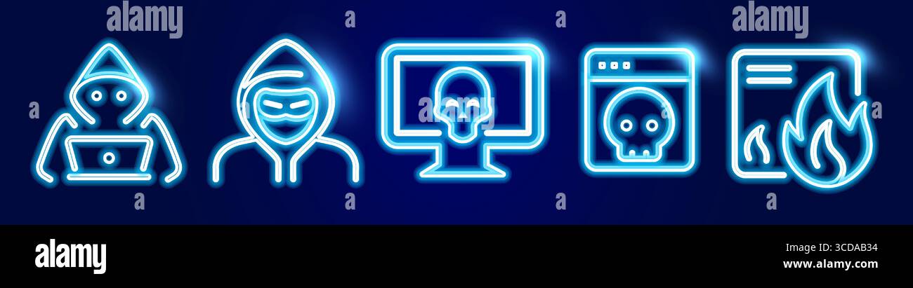 Neonsymbole für Cyberkriminalität mit Hacker, Malware, Gefahrendatei, Phishing-Angriff als Warngrafik, IT-Sicherheitswarnung, Bedrohungserkennung. Futuristisches Cyber Stock Vektor