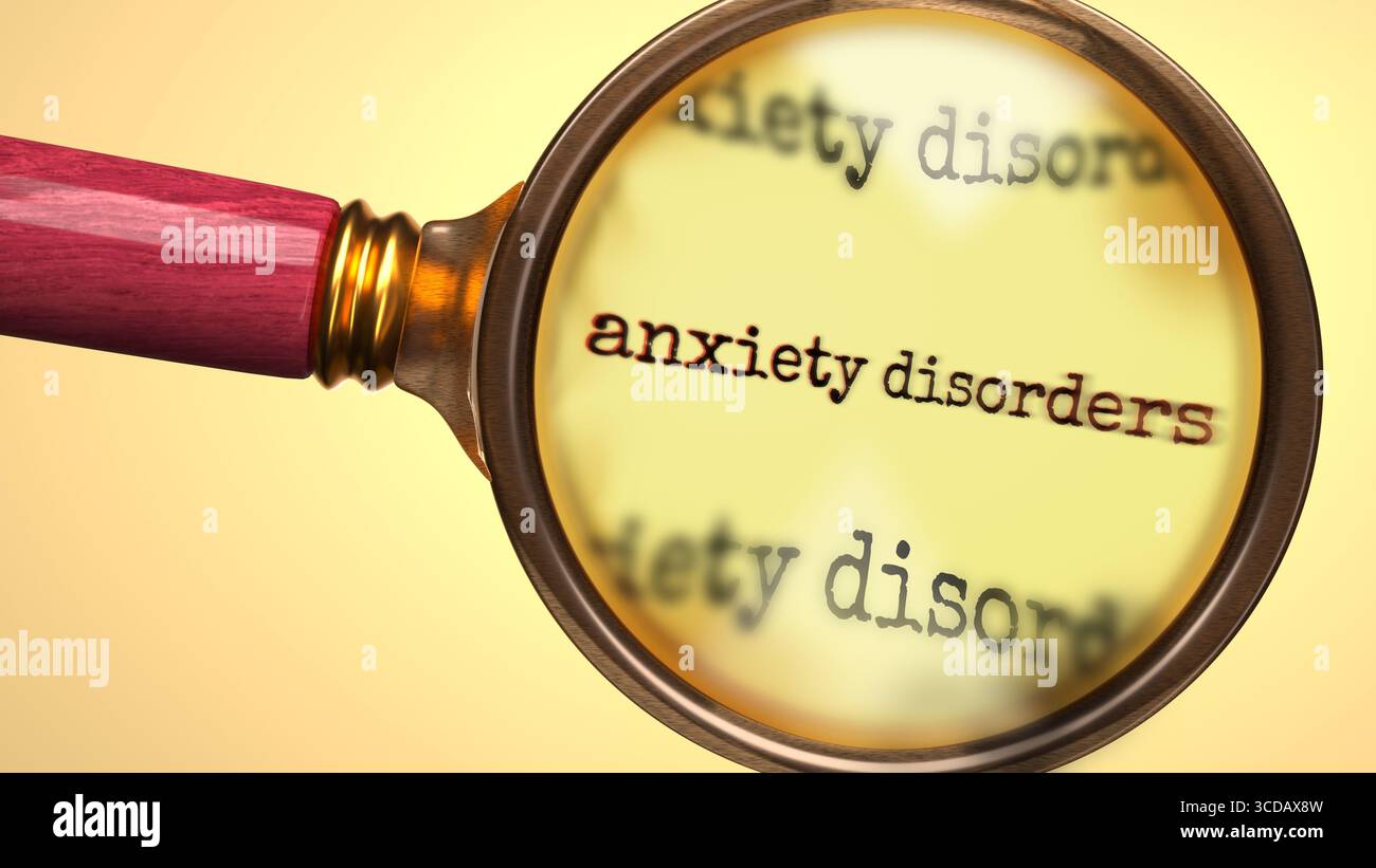 Angststörungen unter Lupe. Suchen, erforschen und untersuchen Sie Angststörungen. Schauen Sie sich genauer an und analysieren Sie Angststörungen. Stockfoto