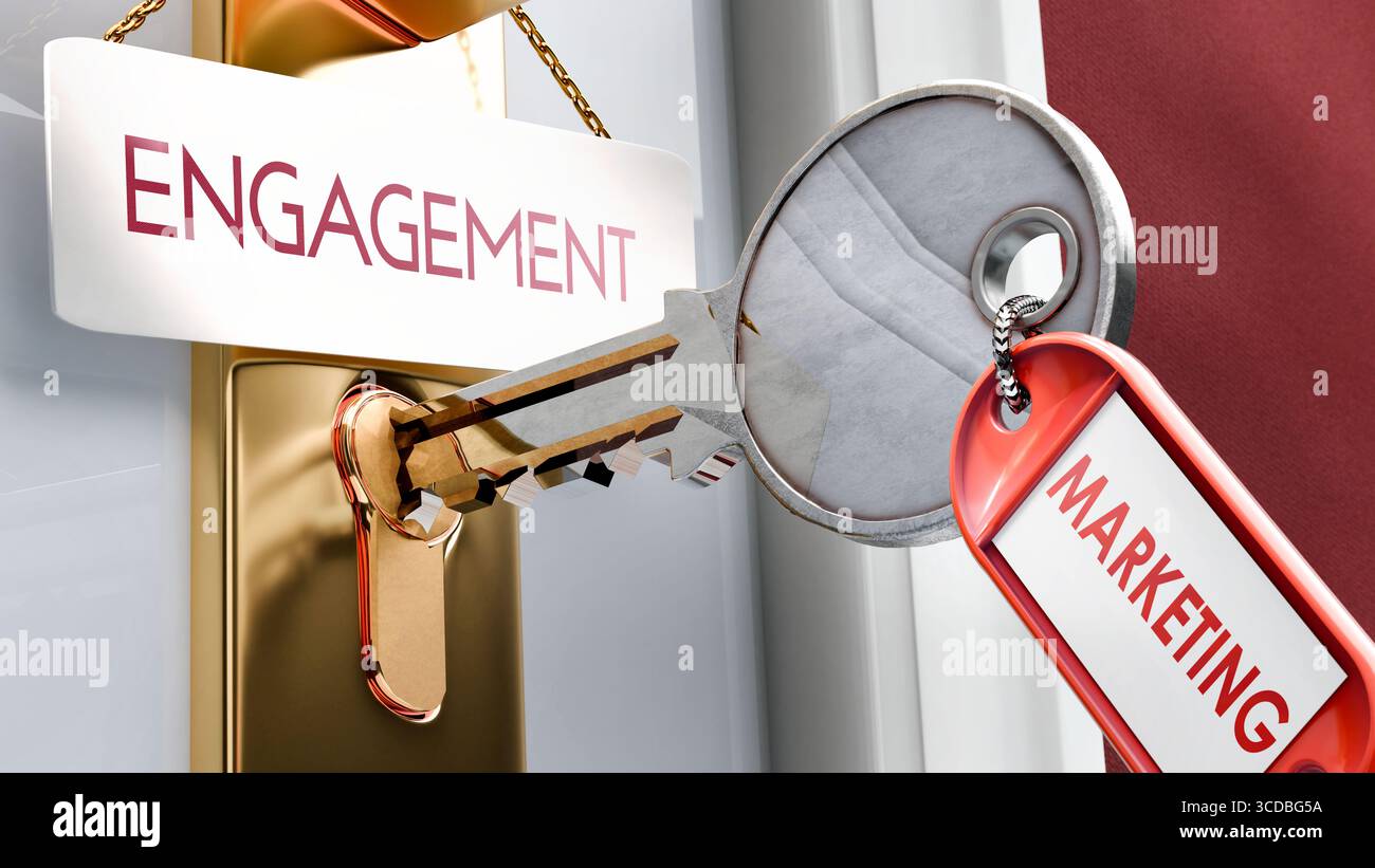 Marketing führt zur emotionalen Mitarbeiterbindung – es ist ein Schlüssel, um die emotionale Mitarbeiterbindung zu fördern. Eine Metapher für Türschlüssel, die zeigt, wie Marketing ein Schlüssel für den Zugang zu Kundenbindung ist. Es ist ein Nacken Stockfoto