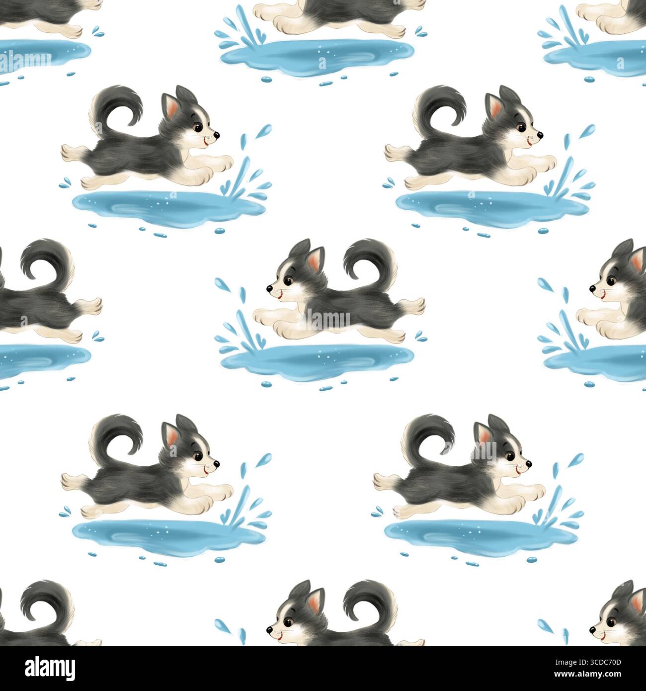 Nahtloses Aquarellmuster eines verspielten Husky-Hündchens, der fröhlich durch Pfützen springt. Handbemalt in einem weichen, süßen Stil. Stockfoto
