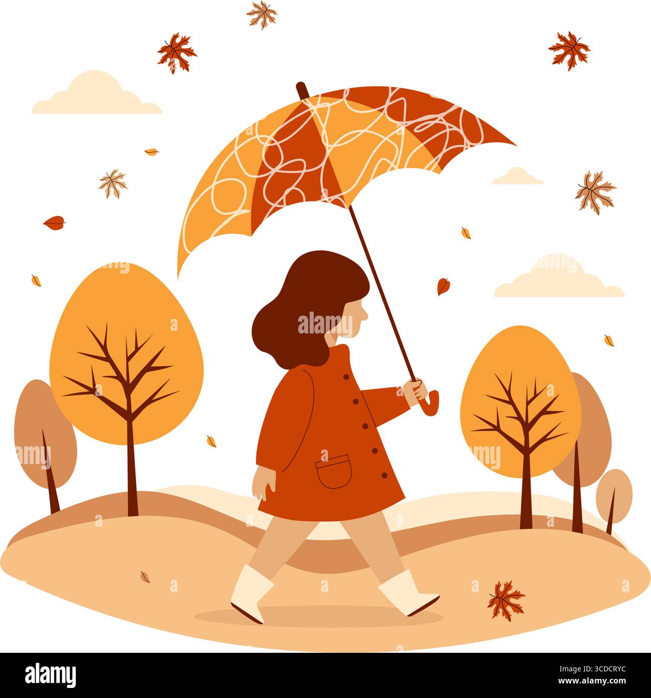 Herbstkind Mädchen im Mantel mit Regenschirm, der im Herbstpark spaziert. Herbstliche Landschaft mit fallenden Blättern und Bäumen in warmen, saisonalen Tönen. Vektorillustra Stock Vektor