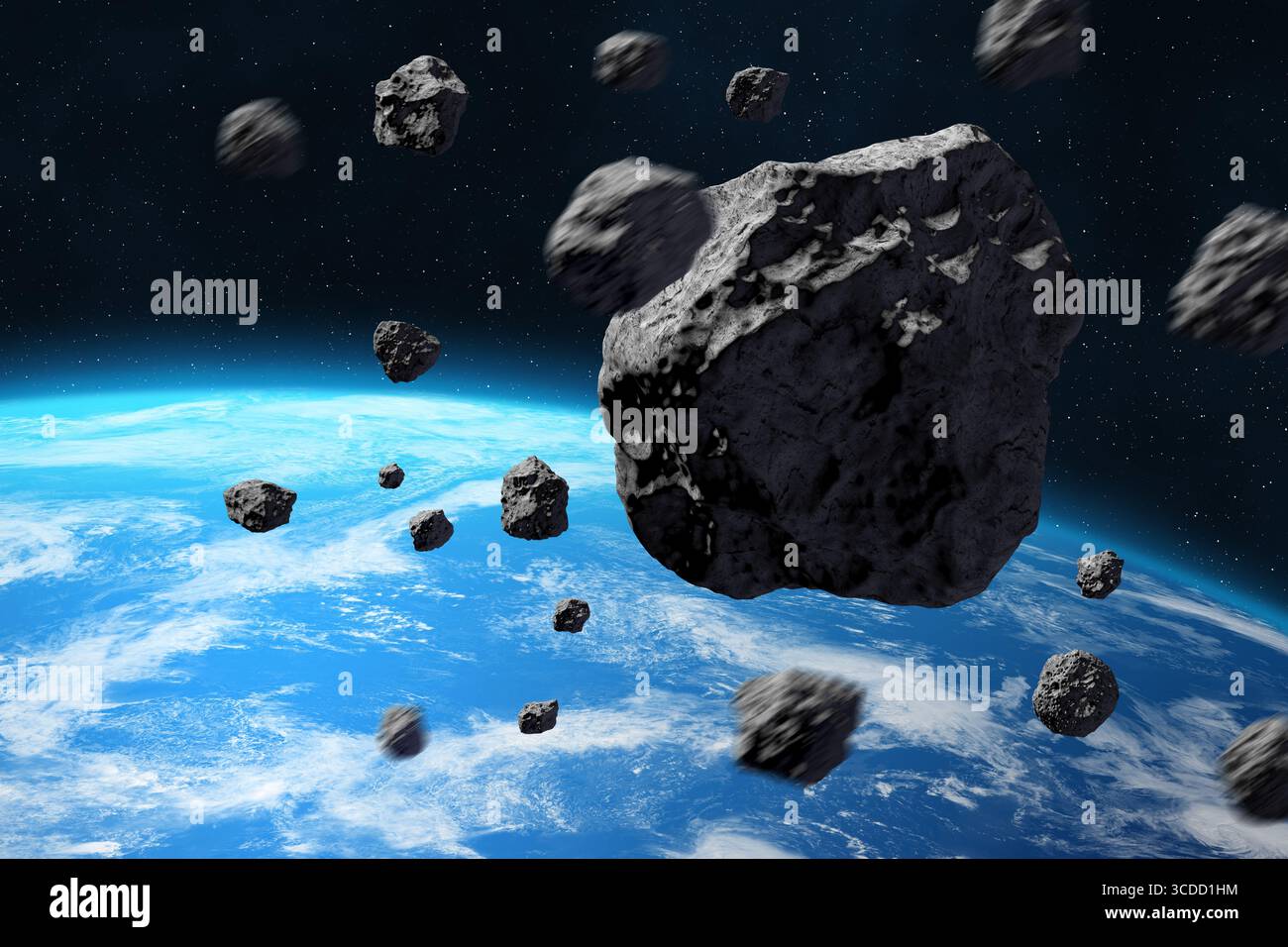 Große und kleine Asteroiden in der Nähe des Planeten Erde. Meteorit auf der Erdumlaufbahn. Meteor ist ein Sonnensystem. Elemente dieses Bildes, bereitgestellt von der NASA. Stockfoto