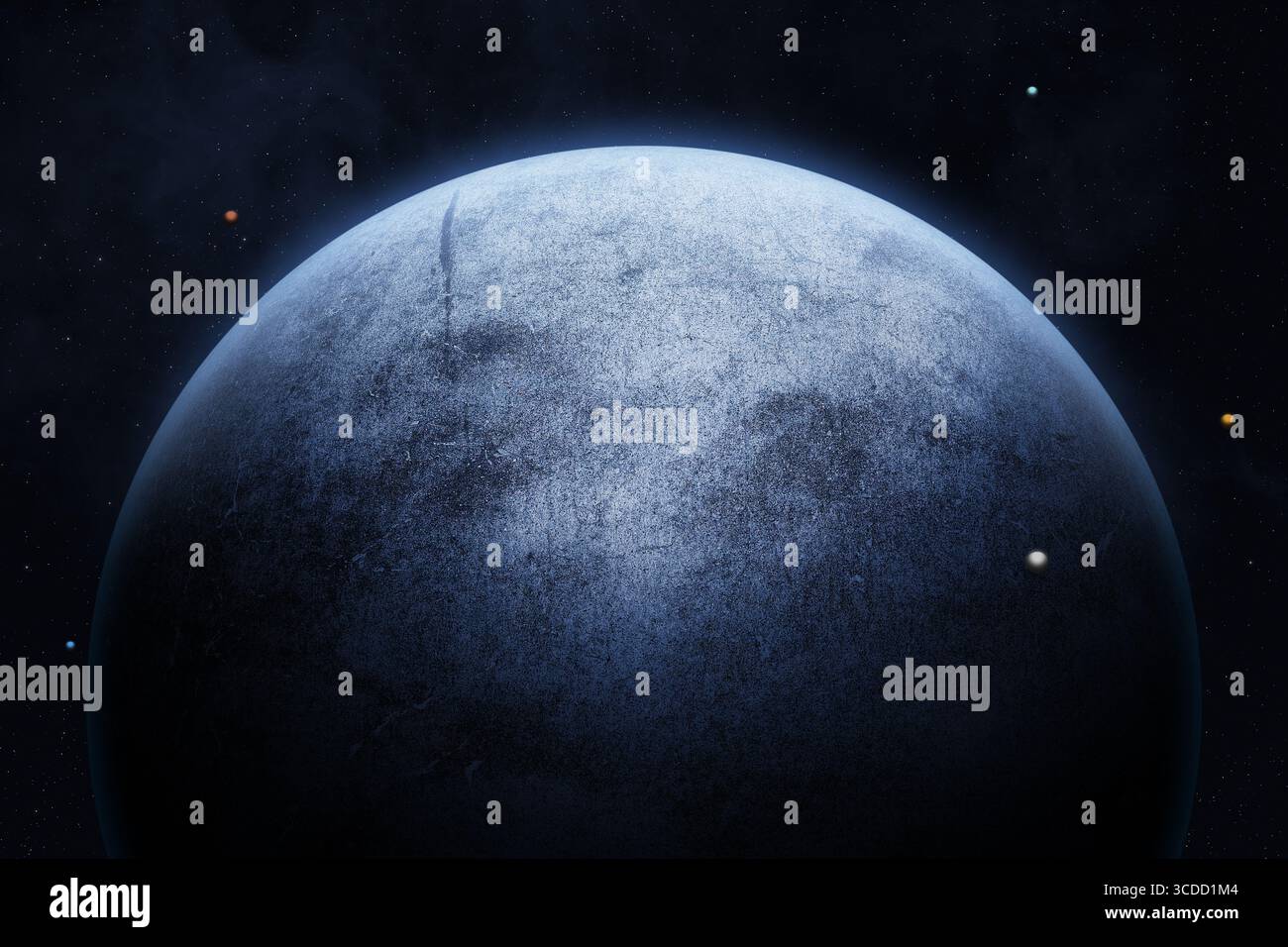 Mysteriöser außerirdischer Eisplanet mit mehreren Monden. Unbekannter gefrorener Exoplanet mit fünf umlaufenden Satelliten. Ice World. Von der NASA bereitgestellte Elemente. Stockfoto