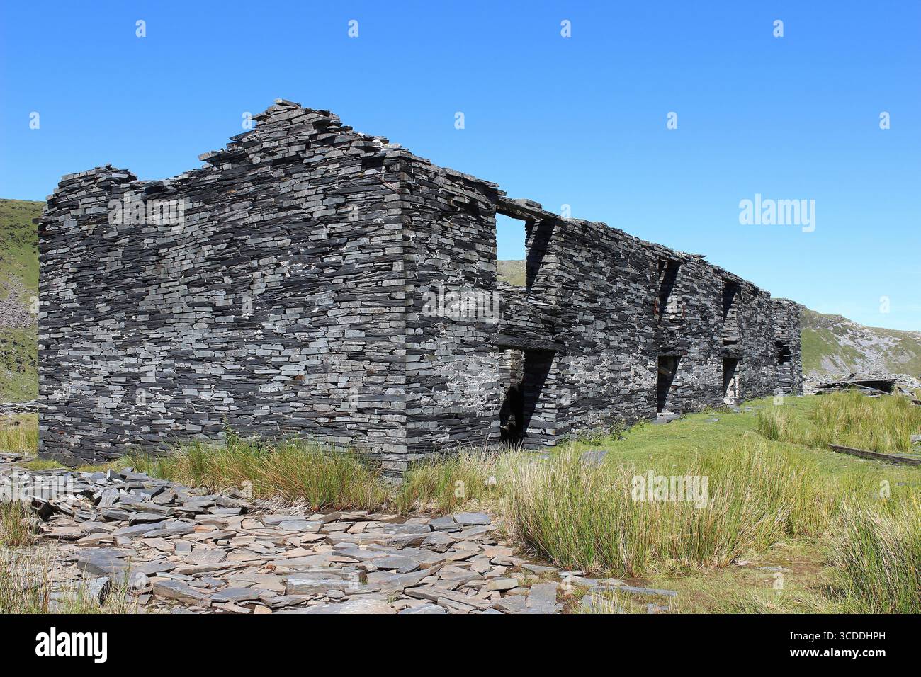 Verlassene Steinbruch Arbeiter Cottages, Cwmorthin, Tanygrisiau, Blaenau Ffestiniog, Wales Stockfoto