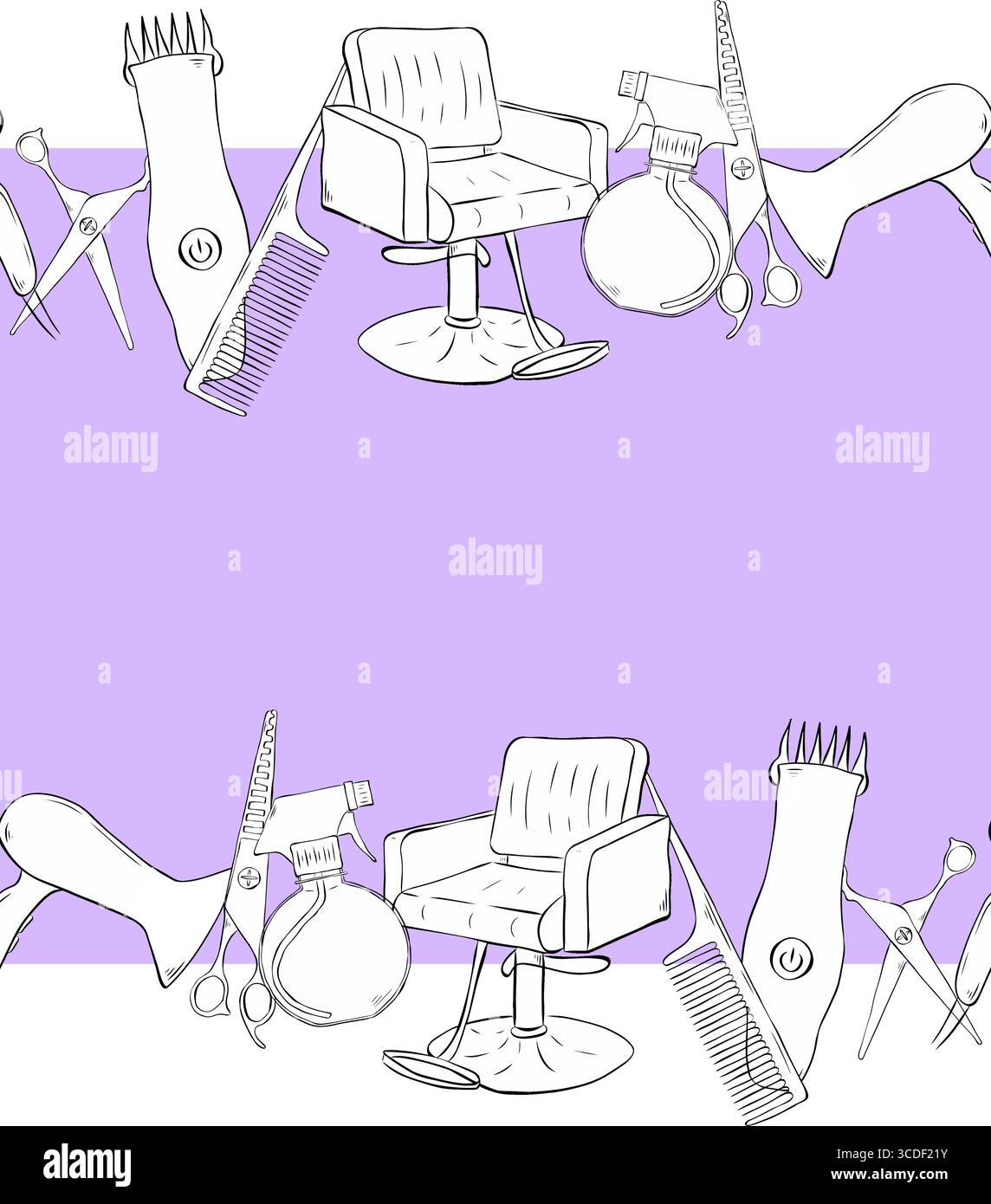 Friseurwerkzeuge Salon nahtlose horizontale Rahmenvorlage. Abbildung der grafischen Vektorfarbe. Friseurzubehör, Föhn, Stock Vektor