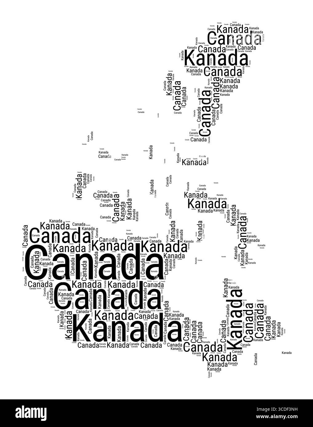 Schwarzweiß-Wortwolke in Kanada-Form. Einfache typografische Darstellung des Landes. Schwarze Textwolke in Kanada auf weißem Hintergrund. Stock Vektor