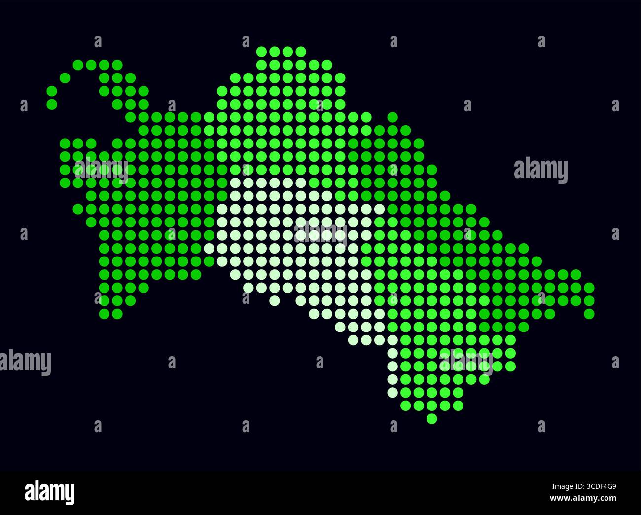 Turkmenistan gepunktete Karte. Digitale Landkarte des Landes auf dunklem Hintergrund. Turkmenistan-Form mit kreisförmigen Punkten. Farbige Punkte. Stock Vektor