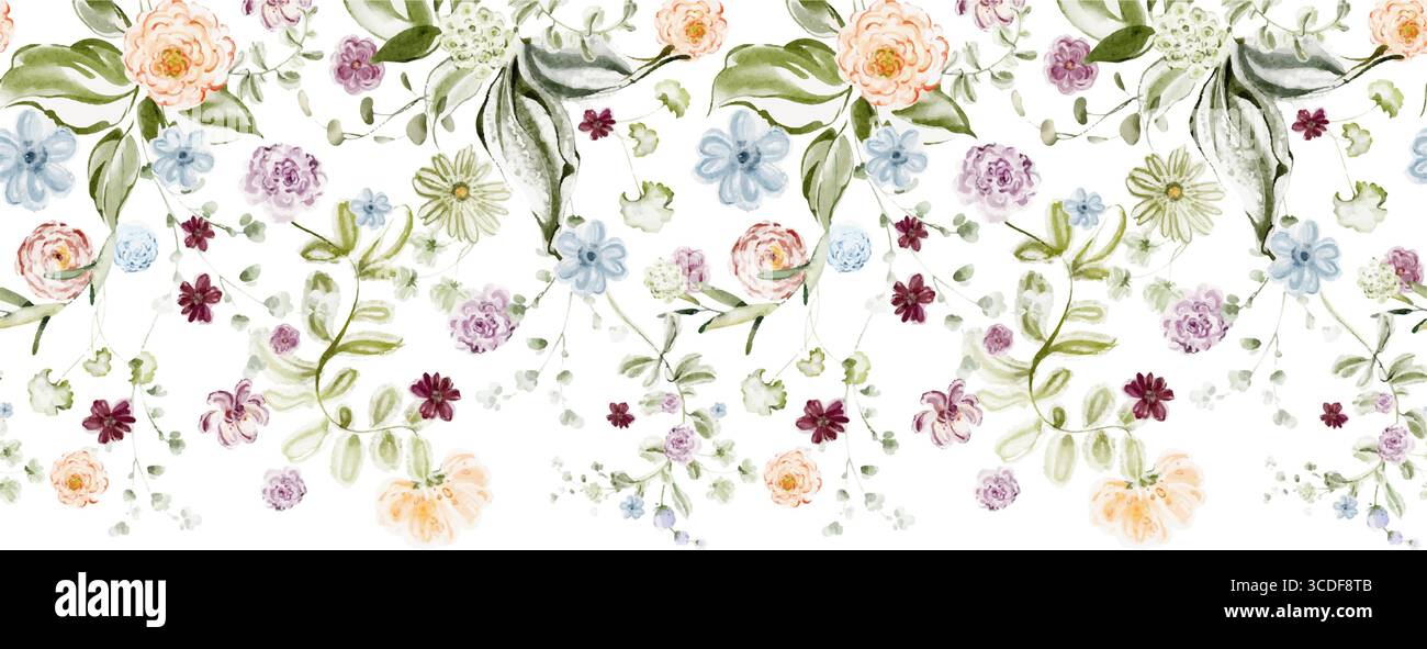 Nahtloser Blumenrand In Aquarellfarben Mit Kleinen Blumen Stock Vektor