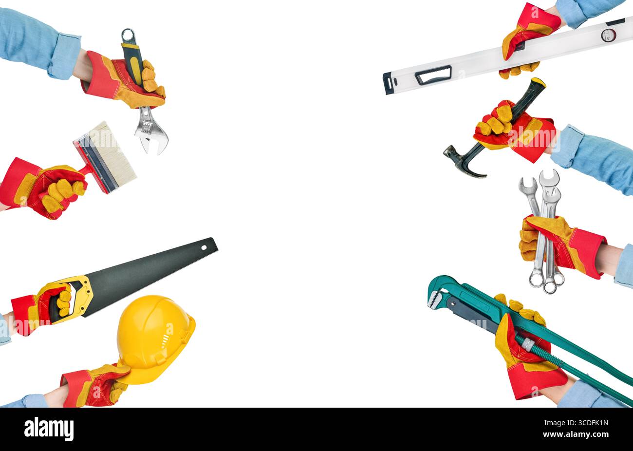 Handsatz männliche Arbeiter halten verschiedene Werkzeuge Hammer, Schraubendreher, Zange isoliert auf weiß mit Hintergrund mit Schneidepfad. Arbeit Stockfoto