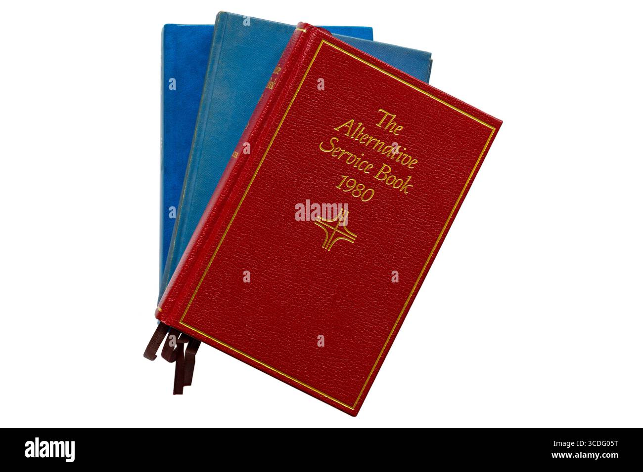 Auswahl religiöser Hardcover-Bücher mit dem alternativen Service-Buch 1980 oben isoliert auf weißem Hintergrund - der Liturgische Psalter Stockfoto