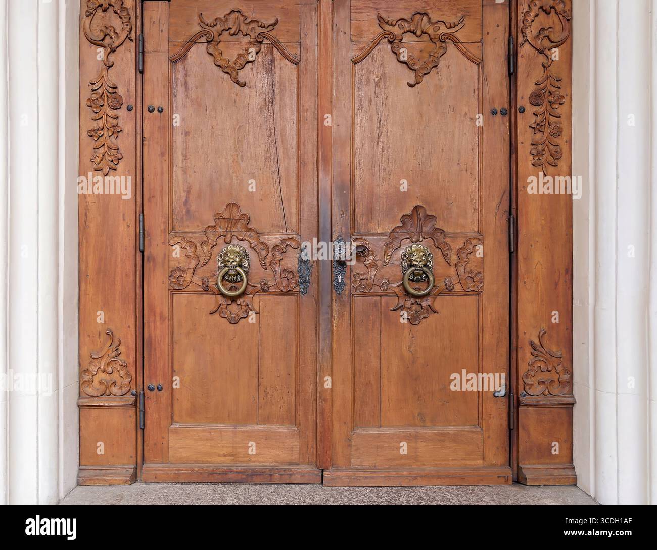 Komplizierte Doppeltür aus geschnitztem Holz mit klassischem Metallklopfer und Details Stockfoto