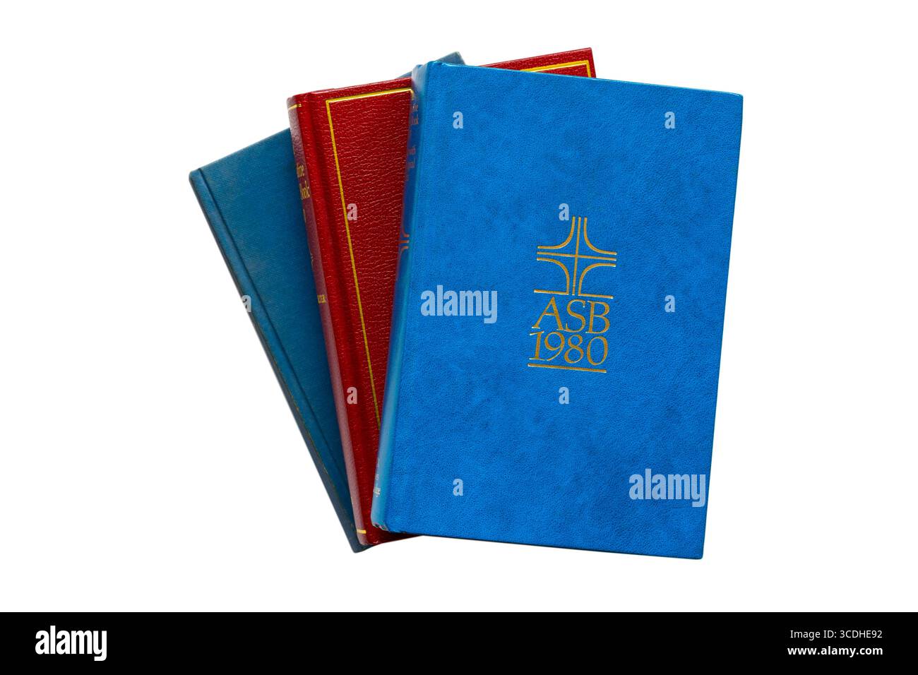 Auswahl religiöser Hardcover-Bücher mit ASB 1980 Buch oben isoliert auf weißem Hintergrund, das alternative Service-Buch 1980 The Liturgical Psalter Stockfoto