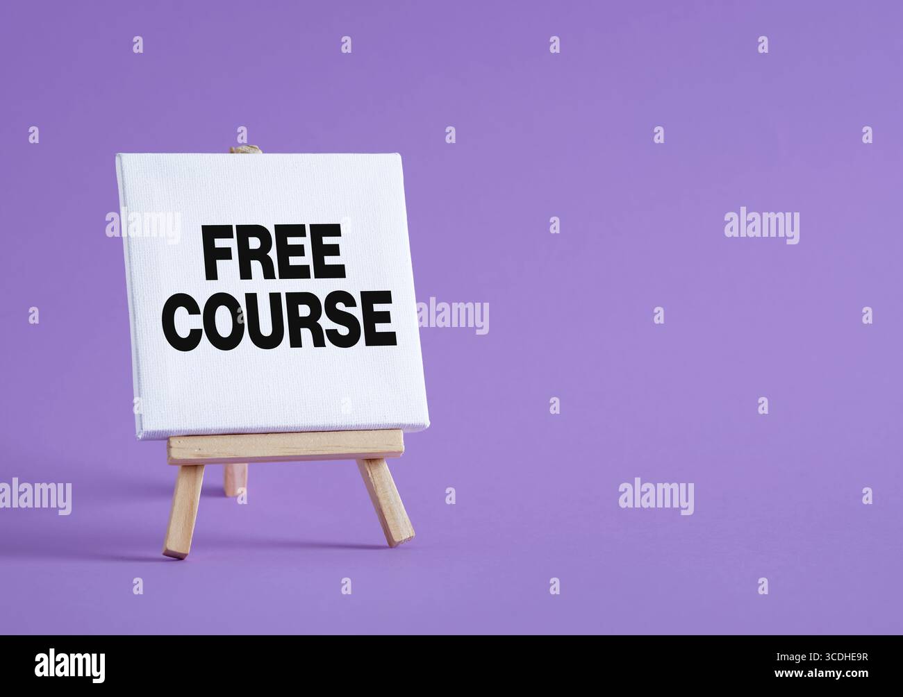 Kleine Staffelei mit weißer Leinwand mit freiem Kurstext auf violettem Hintergrund, großartiges Konzept für Online-Schulungen Stockfoto