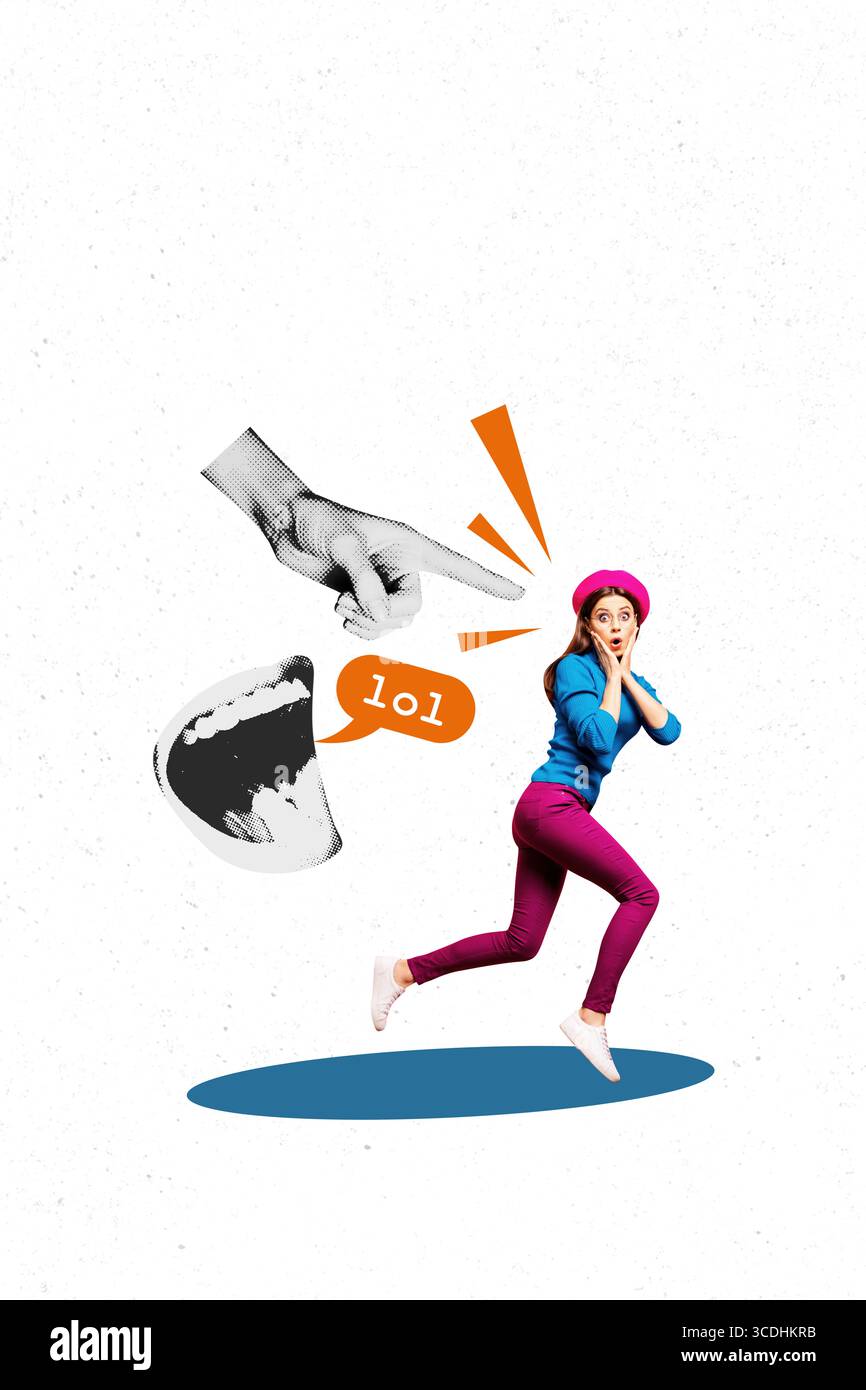 Collage Poster Skizze der jungen Dame Lauf leiden große Hand Fingerpunkt Mund schreien Druck Angst Opfer Problem häuslichen Missbrauch Belästigung Stockfoto