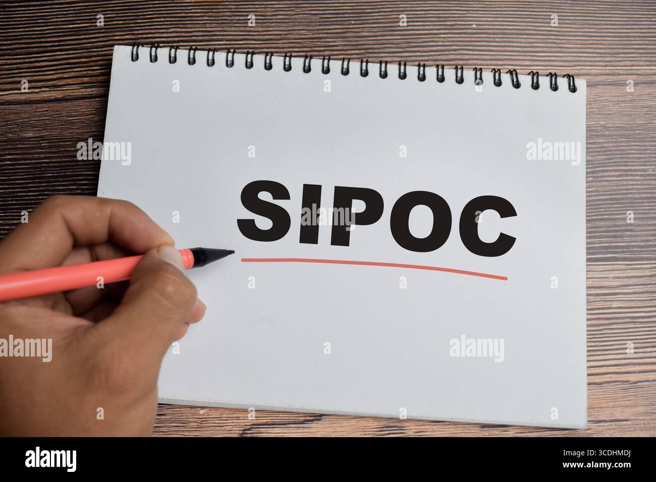 Konzept von SIPOC – Lieferanten geben Prozessausgaben ein und Kunden schreiben auf Buch isoliert auf Holztisch. Stockfoto