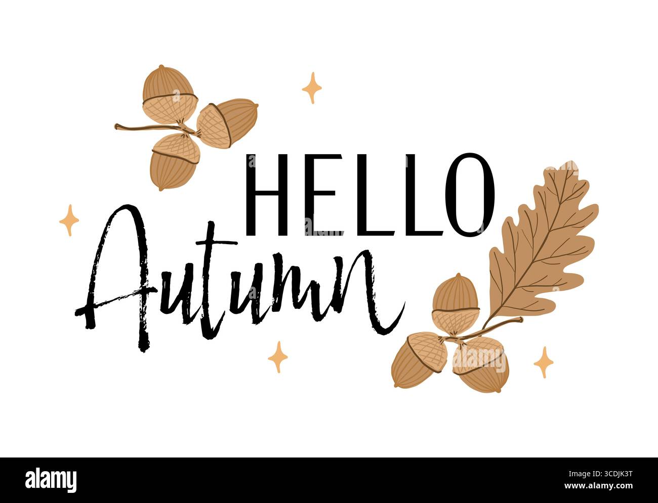 Hallo Herbstgruß mit handgezeichneten Eicheln und Eichenblättern. Herbstkomposition mit dekorativer Schrift und warmen Naturtönen auf weißem Hintergrund. Stock Vektor